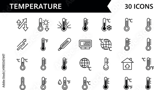 Temperature icon set with thermometer celsius fahrenheit weather heat cold and climate measurement symbols in outline style