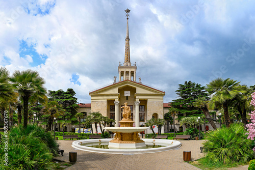 Square with a fountain near the Sochi seaport building, Krasnodar region of Russia