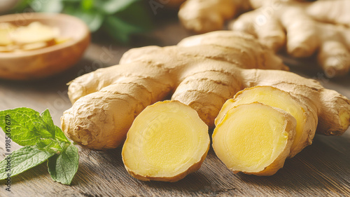 A sliced ginger root on rustic wood with green leaves