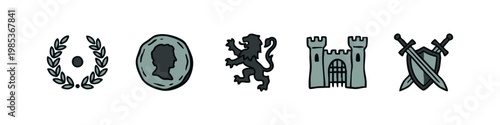 Heraldic symbols and medieval knight doodle icons
