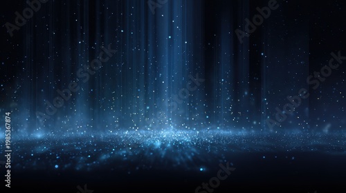 Abstract Blue Light Particles Falling Downward Creating Magical Atmosphere With Glowing Dust and Bokeh Effects on Dark Background
