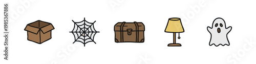 Attic and Spooky Icon Set - Box, Spiderweb, Chest, Lamp, and Ghost Illustration
