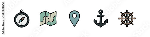 Travel and Nautical Hand Drawn Icons Featuring Compass Map Anchor and Ship Wheel
