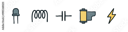 Electronic Component Hand Drawn Icons Featuring LED Inductor Capacitor and Film