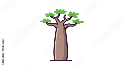 Cartoon Baobab Tree with Green Leaves - Isolated on White Background