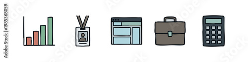Corporate Office Icons Set with Bar Chart ID Badge Briefcase and Calculator