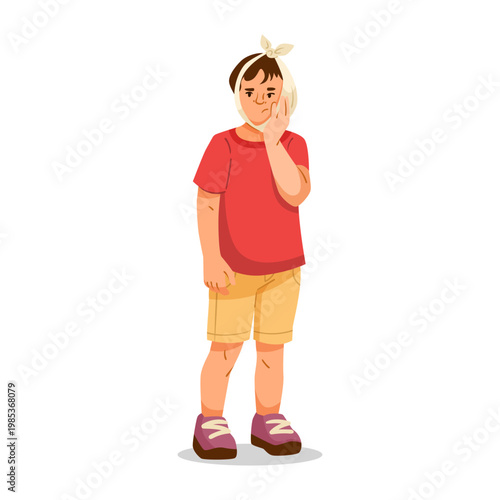 Kid holding sore cheek in cartoon style on white background, concept of sickness and discomfort in children. Vector illustration