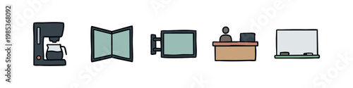 Workplace and Education Icons Set featuring Coffee Maker Reception Desk and Whiteboard