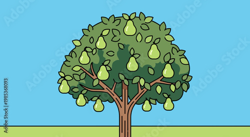 Cartoon Pear Tree Full of Ripe Fruit