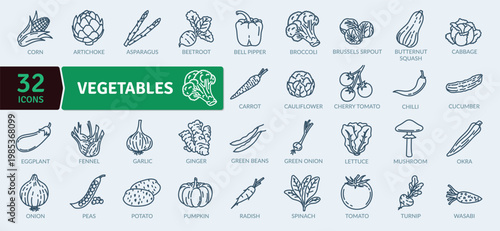 A set of 32 editable vegetable icons in a minimalist line style