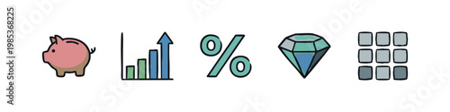 Icons: Piggy Bank, Growth Chart, Percentage, Diamond, Grid