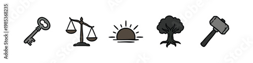 Icons: Key, Scales of Justice, Sunrise, Tree, Hammer