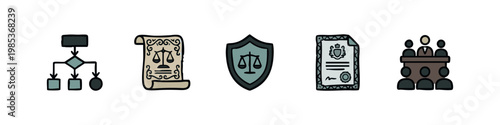 Icons: Flowchart, Law Scroll, Shield, Certificate, Courtroom