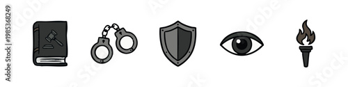 Icons: Law Book, Handcuffs, Shield, Eye, Torch