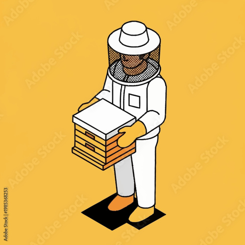 Beekeeper in protective clothing holding hive.