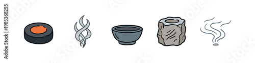 Hand-drawn Doodle Icons of Incense Burning Rituals and Aromatic Elements on White Background
