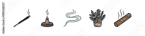 Icons: Incense Stick, Incense Burner, Smoke, Flowers, Burning Wood