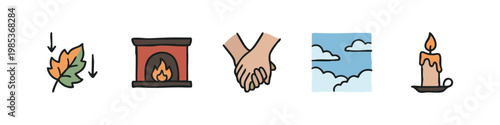 Hand-drawn Doodle Icons of Autumn, Warmth, Comfort, and Relationships on White Background