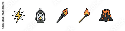 Hand-drawn Doodle Icons of Power, Light, Fire, and Elemental Forces on White Background