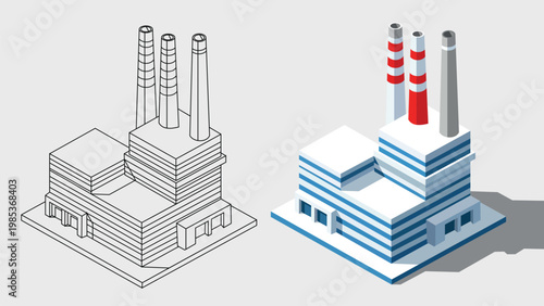 Isometric industrial building with smokestacks in color and line art