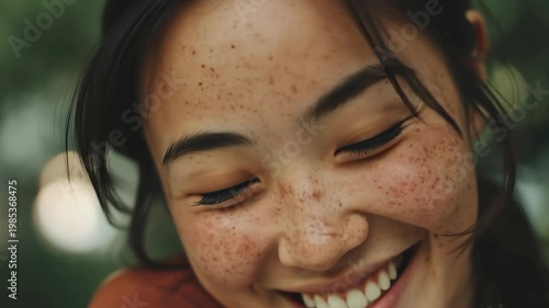Freckled asian woman smiles while blinking outdoors on a sunny day, showcasing her happiness during a casual moment with friends at a park in the afternoon