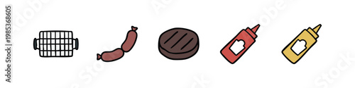 Barbecue grill food doodle icons with sausage, burger, ketchup and mustard bottles