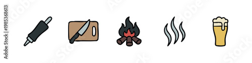 Kitchen and campfire cooking icons including rolling pin, cutting board, fire and beer