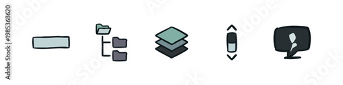 UI file management doodle icons featuring folders, layers, user profile and scroll bar