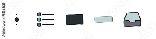 Data organization and interface icons including list, inbox and folder windows in doodle style