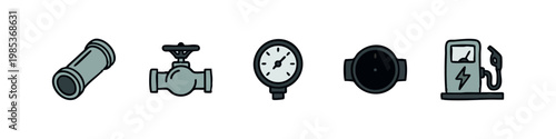 Industrial plumbing and utility icons with pipe, valve, pressure gauge and fuel pump
