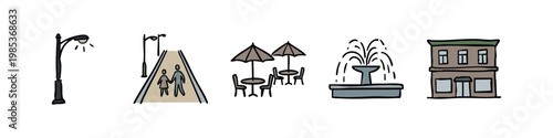 Urban public area doodle icons including street lamp, walkway, cafe, fountain and building