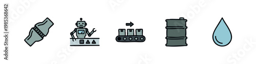 Factory manufacturing doodle icons featuring robot arm, conveyor belt and oil barrel