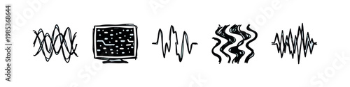 Audio signal and waveform doodle icons with wave patterns and monitor static in thick lines