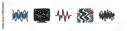 Collection of Vector Waveform and Signal Noise Icons for Audio and Digital Interface