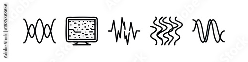 Electronic signal and waveform doodle icons featuring wave patterns and monitor screen in thin lines