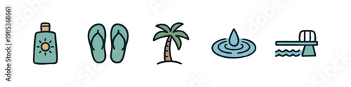 Beach and Summer Holiday Icons Set with Sunscreen Palm Tree and Diving Board