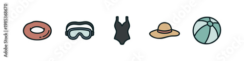 Swimming and Beach Gear Icons Including Goggles Swimsuit and Beach Ball