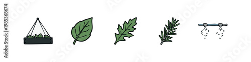 Gardening and Plant Care Icons Set with Leaves and Irrigation System