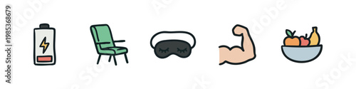 Relaxation and Wellness Recovery Icons Set with Sleep Mask and Fruit