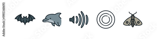 Echolocation and Sound Sensing Icons Set with Bat Dolphin and Sonar