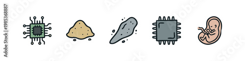Technology, Geology, and Life Icons with CPU, Meteorite, and Human Fetus