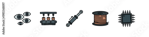 Industrial Components and Surveillance Icons featuring Assembly Line, Piston, and CPU