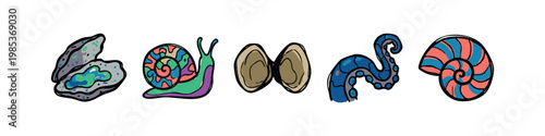 Hand-drawn Colored Marine Life Icons Set