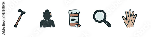 Hand-drawn Elderly Care and Health Icons Set
