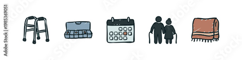 Hand-drawn Elderly Care and Daily Life Icons Set