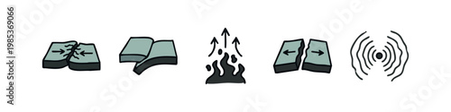 Plate Tectonics and Earth Processes Icon Set - Convergent, Divergent, Magma, and Seismic Waves