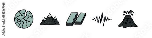 Geology and Earth Science Icon Set - Volcanic Eruption, Mountains, Earthquake, and Tectonic Plates