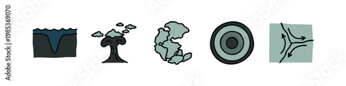 Earth's Structure and Geological Phenomena Icon Set - Ocean Trench, Geyser, Pangea, and Earth's Core