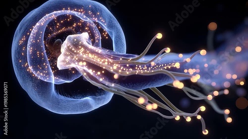 Rendered medical animation shows development of an embryo's nervous system with detailed visualization of neural connections and tissues in early stages of life