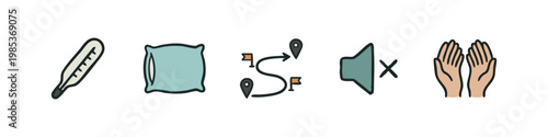 Health, Travel, and Communication Icon Set - Thermometer, Pillow, Route, Mute, and Hands